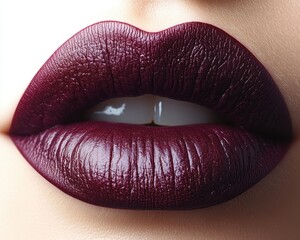 A close-up of deep plum-colored lips with a matte finish, isolated on white background 