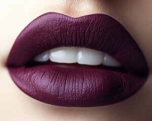 Fototapeta premium A close-up of deep plum-colored lips with a matte finish, isolated on white background 