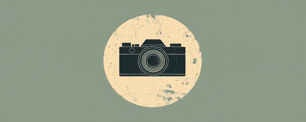 Minimalist camera logo design with vintage appeal on a textured circular background symbolizing simplicity and creativity in photography