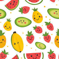 A cute cartoon pattern of watermelons, pineapples, and bananas with smiling faces, set against a white background. 