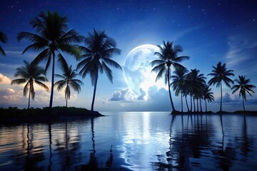 Obraz premium Moonlit night scene over water with palm trees silhouette