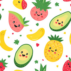 A cute cartoon pattern of watermelons, pineapples, and bananas with smiling faces, set against a white background. 