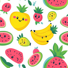 A cute cartoon pattern of watermelons, pineapples, and bananas with smiling faces, set against a white background. 
