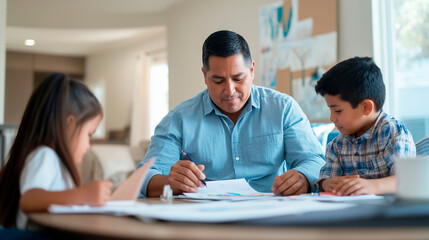 Obraz premium A Native American father sitting in his living room, helping his children with homework. He is casually dressed, and the room is a blend of modern and traditional dÃ©cor, with indig
