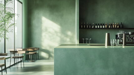Modern green cafe interior with sleek countertops, stylish tables, and natural light, ideal for relaxation and social gatherings.