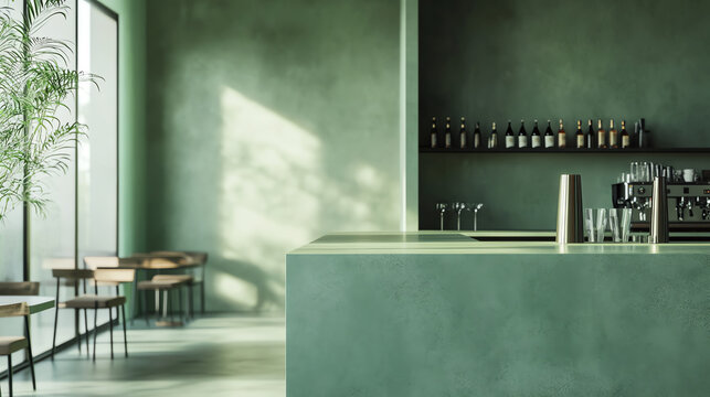 Modern green cafe interior with sleek countertops, stylish tables, and natural light, ideal for relaxation and social gatherings.