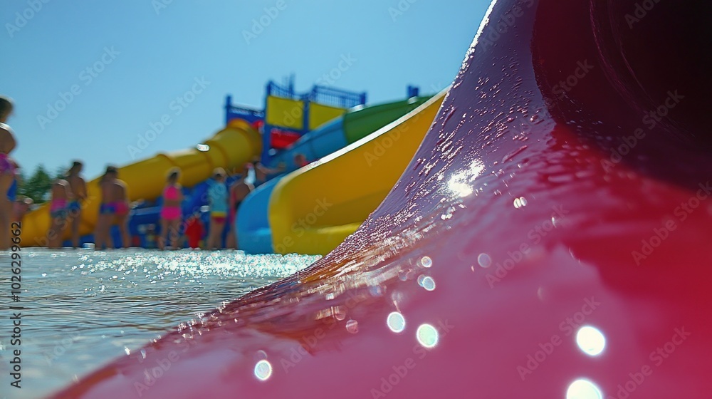 Aufkleber close-up of a red waterslide entering a pool with people waiting in line behind.