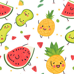 A cute cartoon pattern of watermelons, pineapples, and bananas with smiling faces, set against a white background. 
