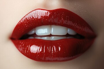 Obraz premium A close-up of full, red lips with a glossy finish, isolated on white background 