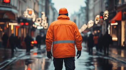 In a surreal scene, construction workers walk on city streets, with lights reflecting off the road surface. Highlighting the workers' journey to work and creating a dynamic atmosphere