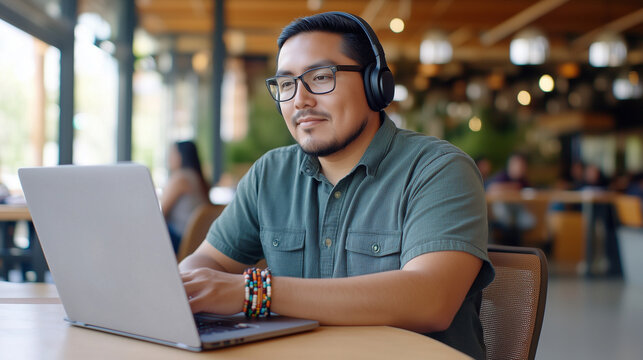 A Native American man in a busy co-working space, wearing noise-canceling headphones while working on his laptop. His casual, contemporary look is complemented by a traditional bea