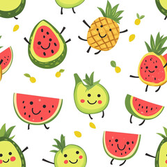 A cute cartoon pattern of watermelons, pineapples, and bananas with smiling faces, set against a white background. 