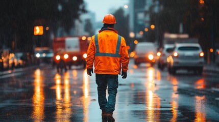 In a surreal scene, construction workers walk on city streets, with lights reflecting off the road surface. Highlighting the workers' journey to work and creating a dynamic atmosphere