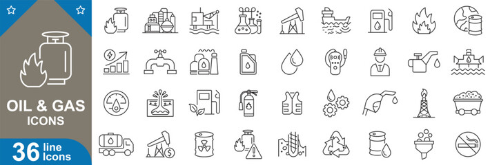 Oil and gas icons set. Oil extraction, pipeline, refinery, fuel station, pump, energy industry and more. vector illustrator.