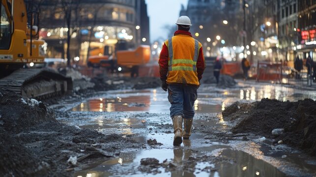 In a surreal scene, construction workers walk on city streets, with lights reflecting off the road surface. Highlighting the workers' journey to work and creating a dynamic atmosphere