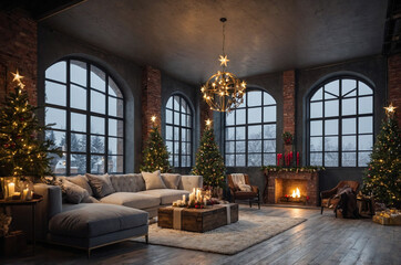 Christmas interior modern loft style in dark colors.