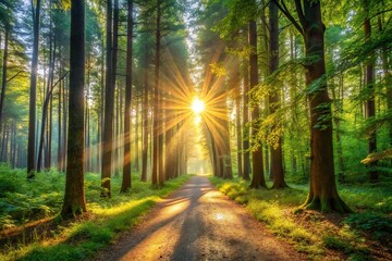 Fototapeta premium Morning in the forest with sunlight filtering through trees onto a path