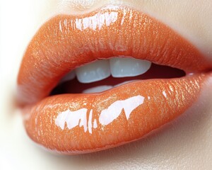 close-up of peach-colored lips with a slight gloss, isolated on white background