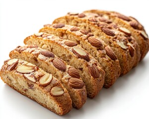 A crisp, buttery almond biscotti with visible almond slices, isolated on white background