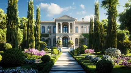 Conceptual image of a billionaire's estate with beautiful gardens and architecture, representing opulence