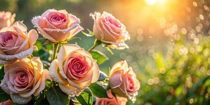 Morning sunlight shining on dew drops on roses