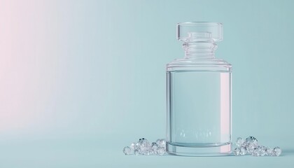 Clear glass cosmetic bottle with shimmering liquid inside, surrounded by crystals, cosmetic bottle, crystalclear beauty