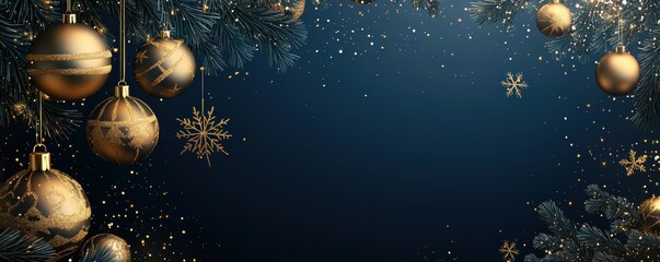 Fototapeta premium Elegant Christmas background with golden ornaments and pine branches