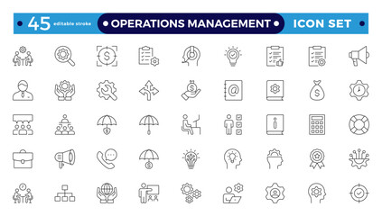 Operations management web icons in line style. Logistics, business process, maintenance, supply chain, improvement, planning,Audit, processing, operation  collection. Editable stroke outline icon.
