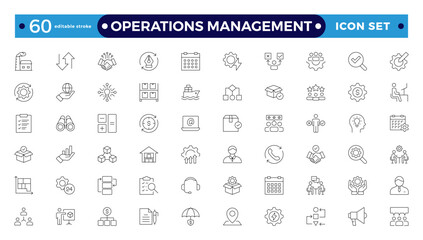 Operations management web icons in line style. Logistics, business process, maintenance, supply chain, improvement, planning,Audit, processing, operation  collection. Editable stroke outline icon.
