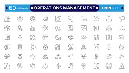 Operations management web icons in line style. Logistics, business process, maintenance, supply chain, improvement, planning,Audit, processing, operation  collection. Editable stroke outline icon.
