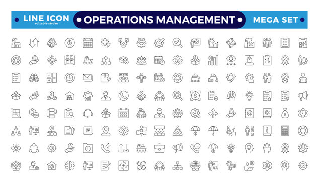 Operations management web icons in line style. Logistics, business process, maintenance, supply chain, improvement, planning,Audit, processing, operation  collection. Editable stroke outline icon.
