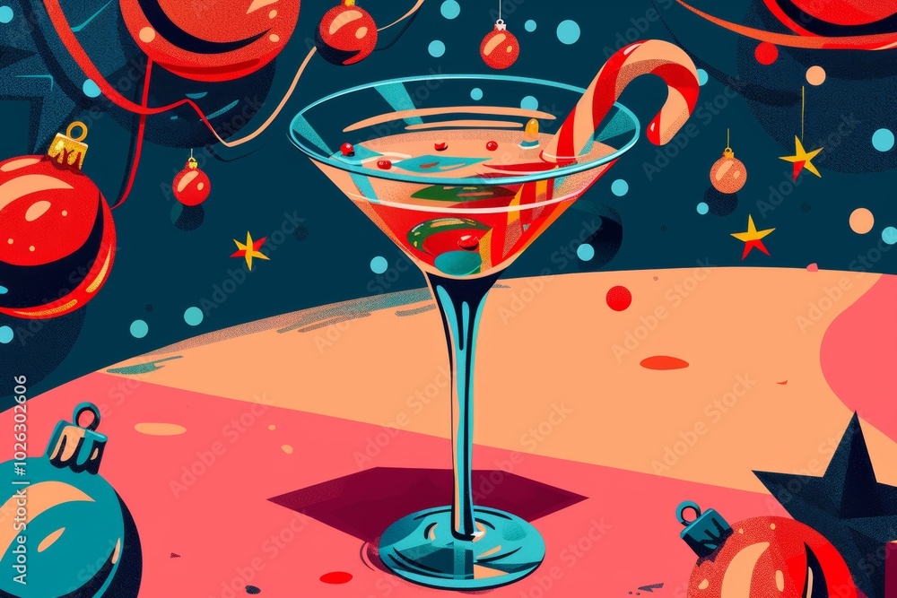 Poster festive cocktail with candy cane and christmas ornaments