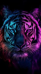 Neon Light Tiger Art, Abstract Image, Texture, Pattern Background, Wallpaper, Cover and Screen for Smartphone, PC, Laptop, 9:16 and 16:9 Format