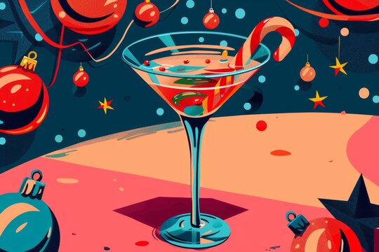 Festive cocktail with candy cane and christmas ornaments