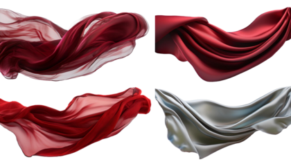 2 Collection set of red maroon grey gray long silk satin cloth fabric floating flying in the air on transparent background