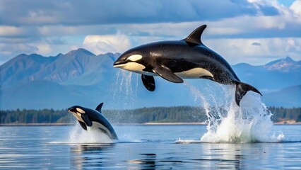 Obraz premium Mother and calf killer whale leaping out of the water