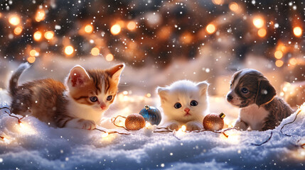 cozy winter scene featuring adorable kittens and puppy playing in snow, surrounded by festive lights and ornaments, evokes warmth and joy during holiday season