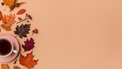 cup of coffee with autumn leaves, autumn leaves,
fall season, copy space background