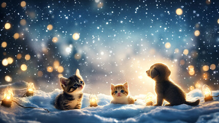 cozy winter scene featuring adorable kittens and puppy surrounded by soft snow and glowing lights creates heartwarming atmosphere