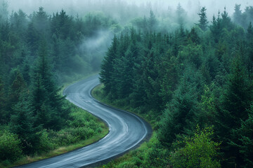 A winding road shrouded in mist winds through a lush evergreen forest during the early morning hours