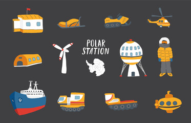 Obraz premium Polar station objects collection. Arctic or Antarctic expedition elements set. Vector illustration
