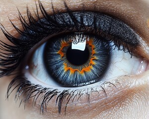 A deep black eye with high contrast between the iris and the white, detailed lashes surrounding the eye, isolated on white background 