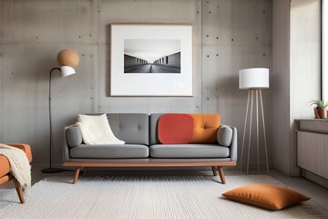 A modern living room with a grey sofa, accented with orange and beige pillows. A black and white framed photo hangs above. A floor lamp and potted plant are on either side. minimalist aesthetic
