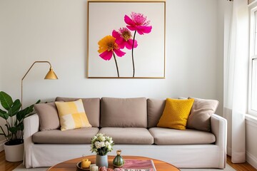 A cozy living room with a beige sofa adorned with yellow and checkered pillows. A large floral art piece hangs above, showcasing pink and yellow flowers. A gold floor lamp stands to the side