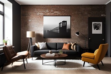 Stylish living room with a brick accent wall features a black sofa, two brown chairs, an orange chair, and a round coffee table. A large black-and-white bridge photo and a lamp add decor