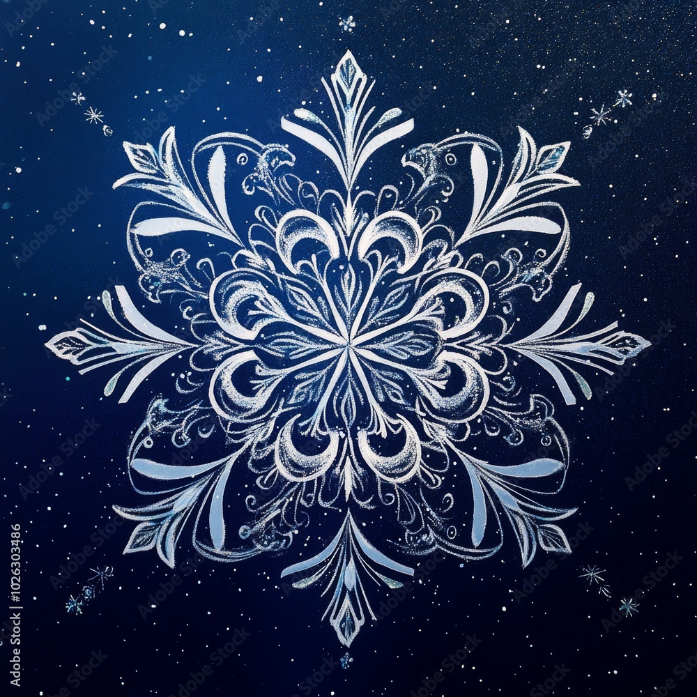 Aufkleber an elegant design of a snowflake with intricate patterns, set against a shimmering background, symbo