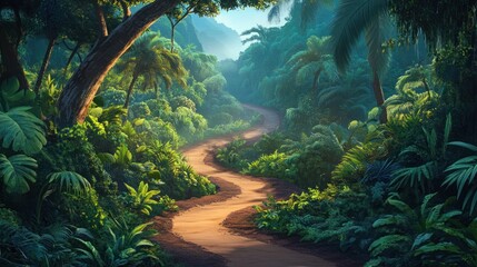 A winding dirt path leads through a lush jungle, sunlight filtering through the dense canopy.