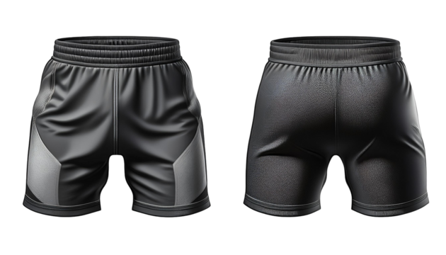 2 Set of black and dark grey gray, unisex running sports shorts boxer bottom, front, back and side view on transparent background