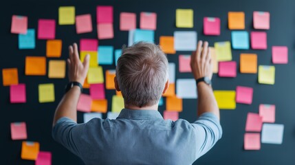 Person brainstorming in front of a wall filled with colorful sticky notes, organizing ideas and tasks for a project in a creative workspace.