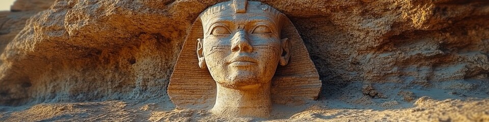 Obraz premium Ancient Egyptian carving of a pharaoh's head on sandstone, bathed in warm sunlight.